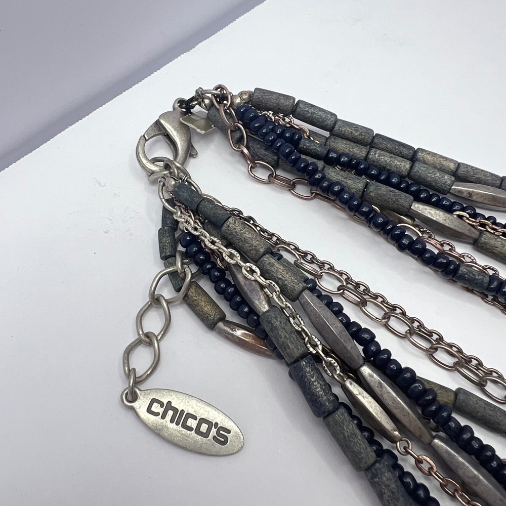 Chico's Blue Silver Multi-Strand Necklace Women 36" Beaded Mixed Metal Boho Chic